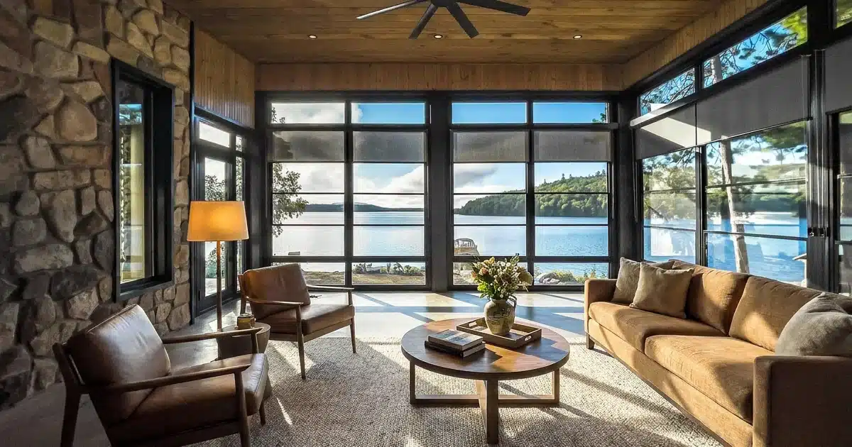 Lake-facing 3-season sunroom with vinyl windows and comfortable seating