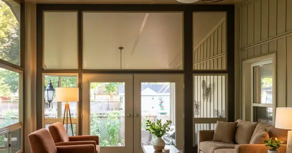 Enclosed gazebo interior with WeatherMaster doors and windows overlooking a lakeside yard