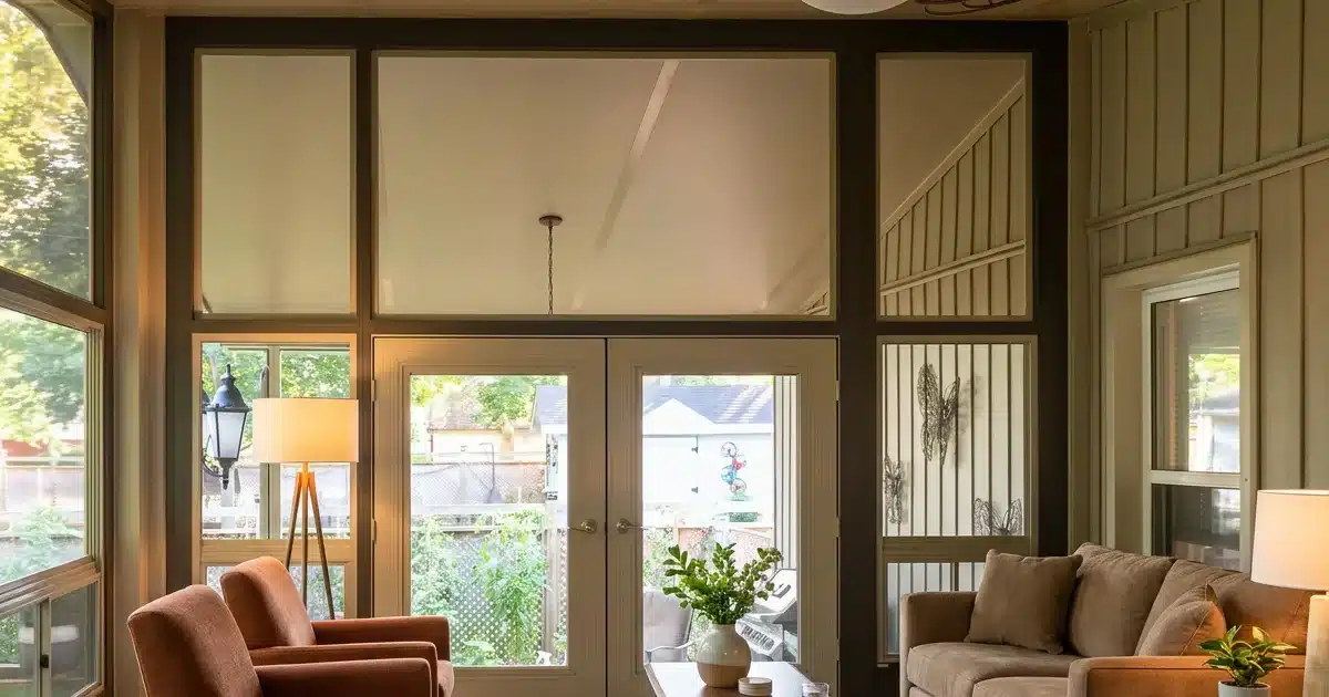 Enclosed gazebo interior with WeatherMaster doors and windows overlooking a lakeside yard