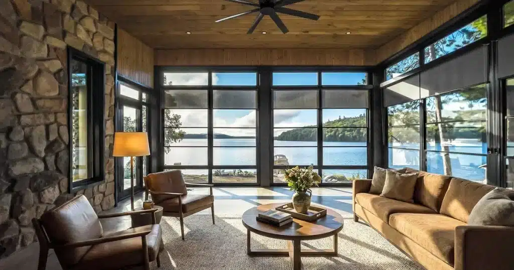 Lakeside sunroom with 4-track vinyl windows and a ceiling fan
