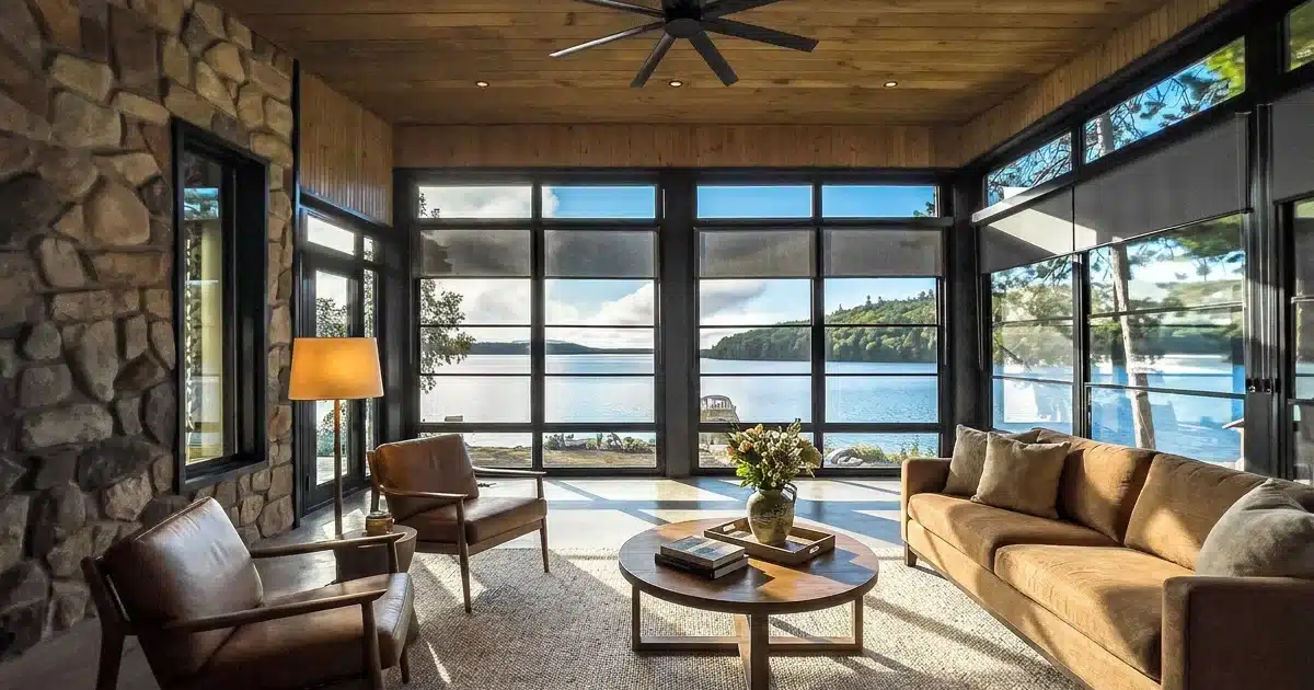 Lakeside sunroom with 4-track vinyl windows and a ceiling fan