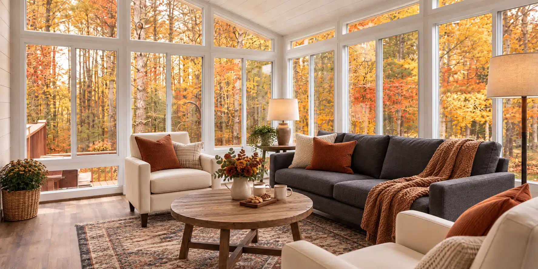 A comfortable seating layout turns a glass sunroom into an inviting place for fall gatherings.