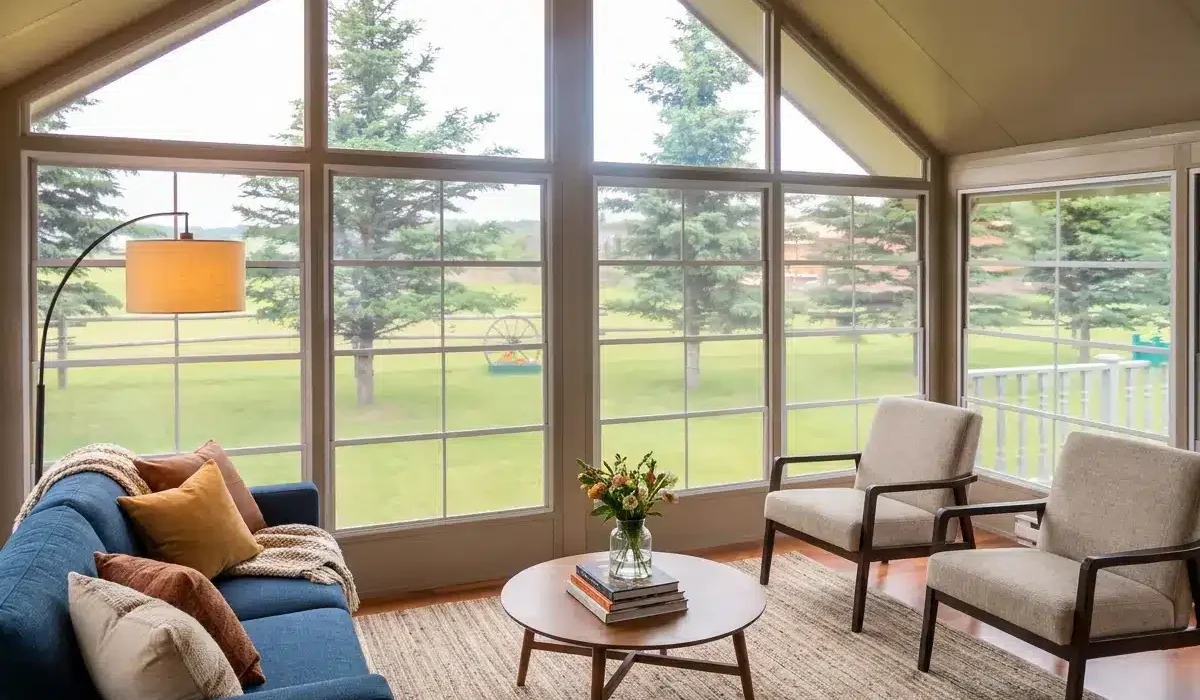 Interior of a 3-season vinyl sunroom with large screened windows, seating, and a peaceful lakefront yard view.