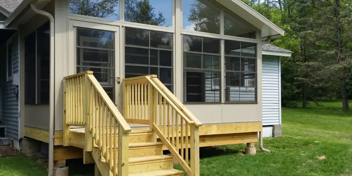 White 3-season vinyl sunroom with full-height screened windows, deck access, and flower beds along the exterior.