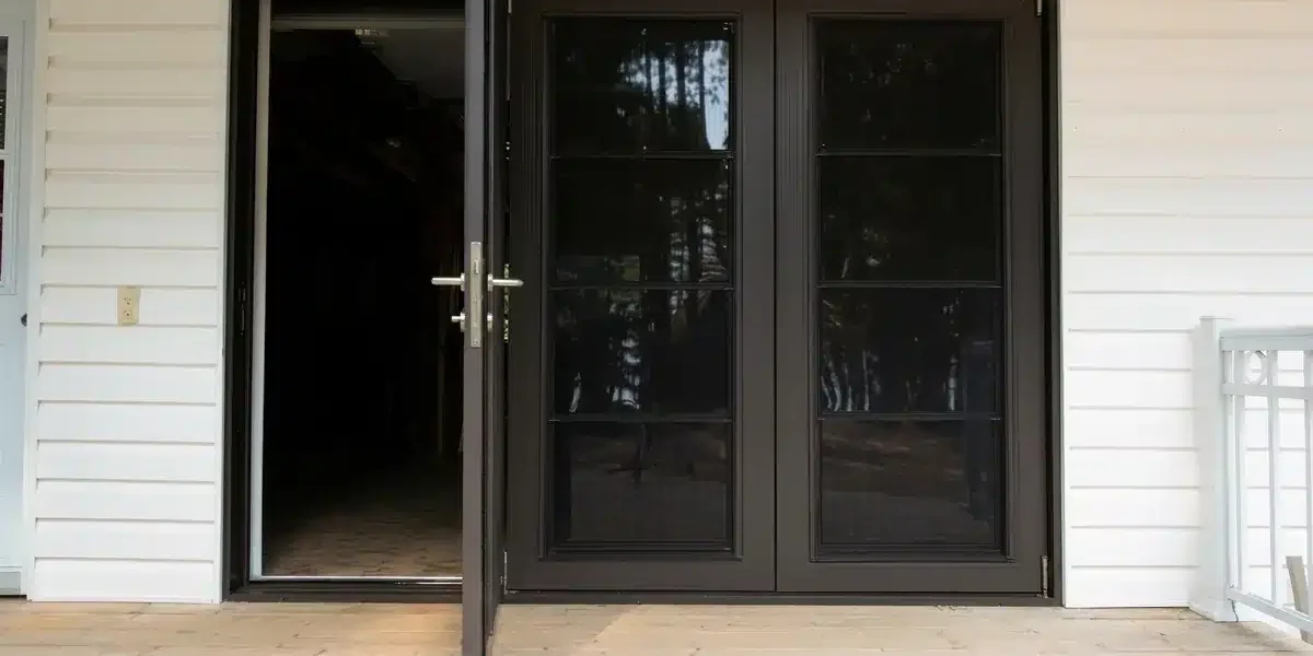 Black framed door system with one panel open on a covered porch.