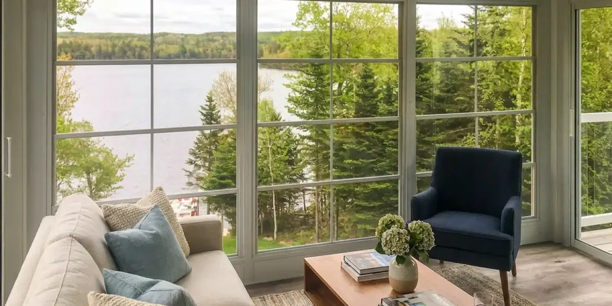 Lake view through white-framed vinyl sunroom windows beside comfortable seating