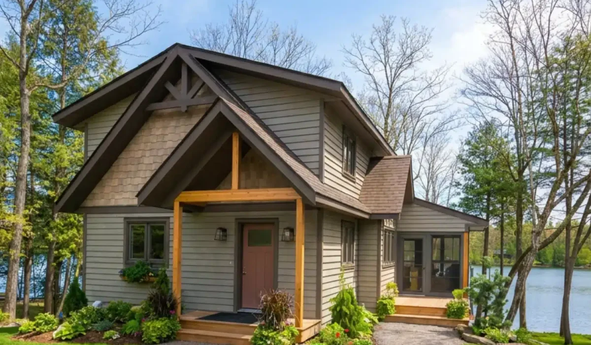 Lakeside cabin with a screened enclosure built beneath the existing roof