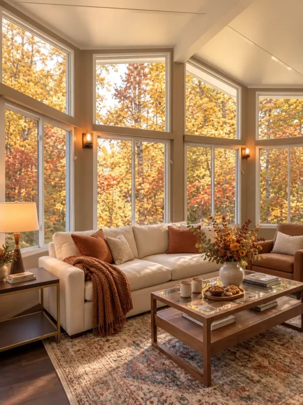 Soft seating, an area rug, and warm lighting make a seasonal sunroom feel welcoming on cool evenings.