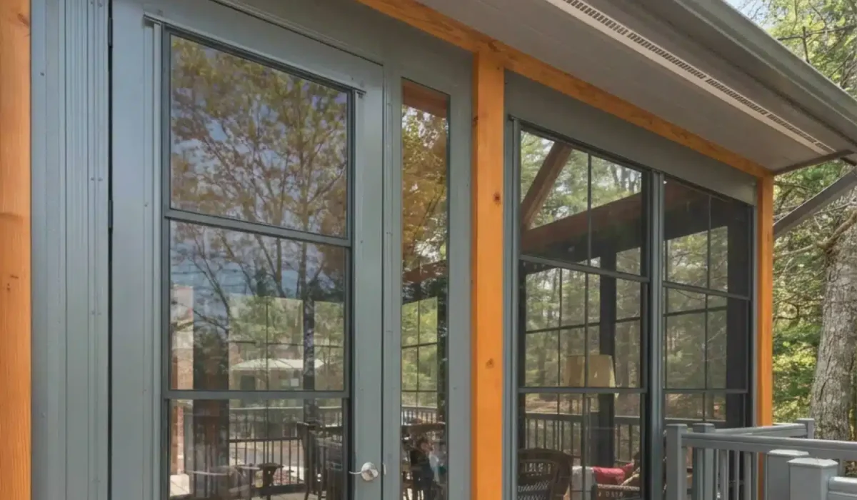 WeatherMaster door and vinyl window panels installed between wood posts on a covered porch